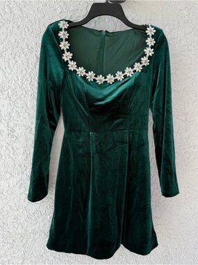 New fashion Green Velvet Rhinestone Long Sleeve Mini Dress size XS